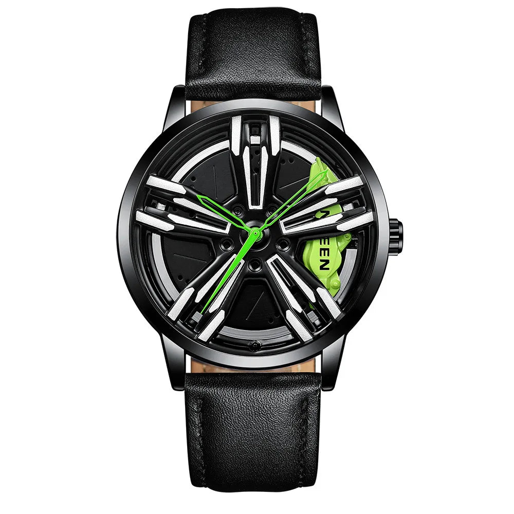 Custom Super Car Rim Design Stainless Steel Black Retro Waterproof Racing Watch for Men