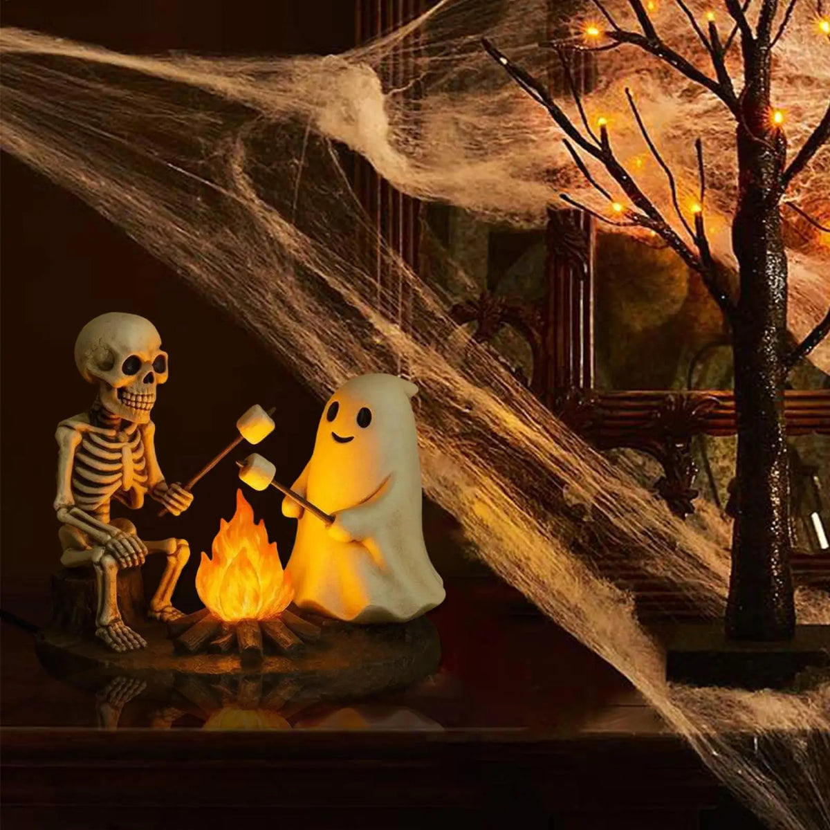 Halloween Skeleton & Ghost Bonfire Night Lamp, Flickering Campfire Nightlight