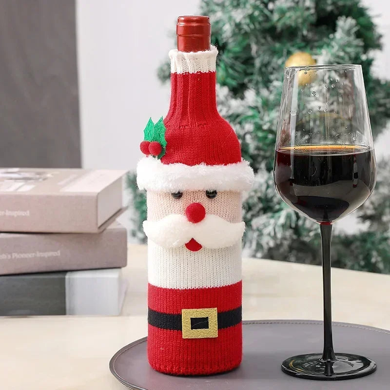 Christmas Wine Bottle Cover Set Santa Snowman Woven Wine Bottle Bags For Christmas Party