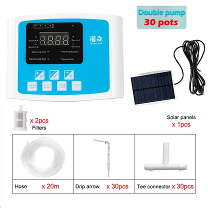 Garden Drip Irrigation Device Double Pump Controller Timer System, Solar Energy Intelligent Automatic Watering Device for Plants