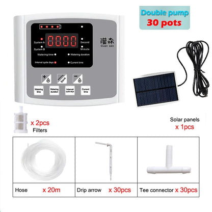 Garden Drip Irrigation Device Double Pump Controller Timer System, Solar Energy Intelligent Automatic Watering Device for Plants