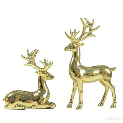 2-Piece Gold-Plated Reindeer Ornament Set, Standing and Lying desktop Ornaments
