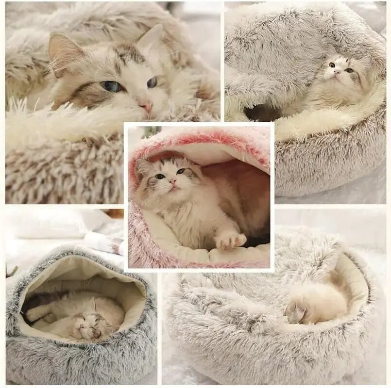 Plush Hooded Round Fluffy Soft  2 in 1 Sleeping Nest Cave for Small Dogs