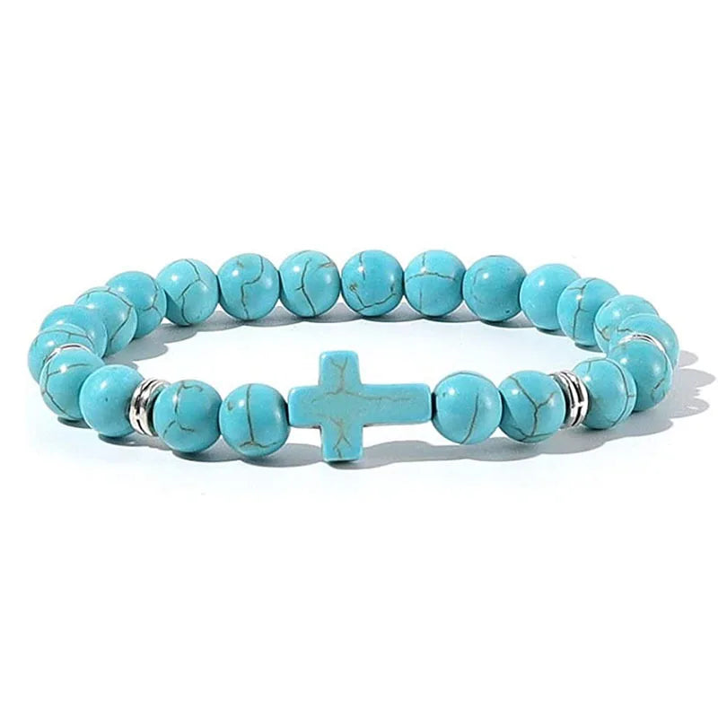 Prayer Natural Stone & Wood Bead Rosary Bracelet with Hematite Cross