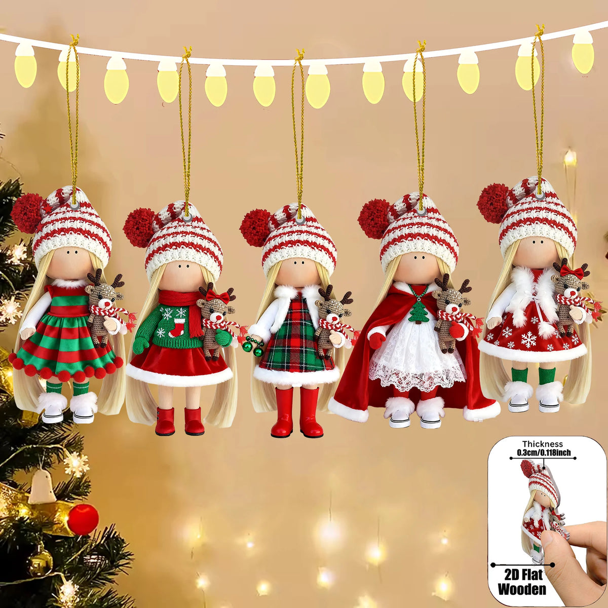 12Pcs Classic Long-haired Christmas Doll Design High-quality 2D Flat Wooden Pendant Christmas Doll