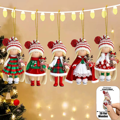 12Pcs Classic Long-haired Christmas Doll Design High-quality 2D Flat Wooden Pendant Christmas Doll