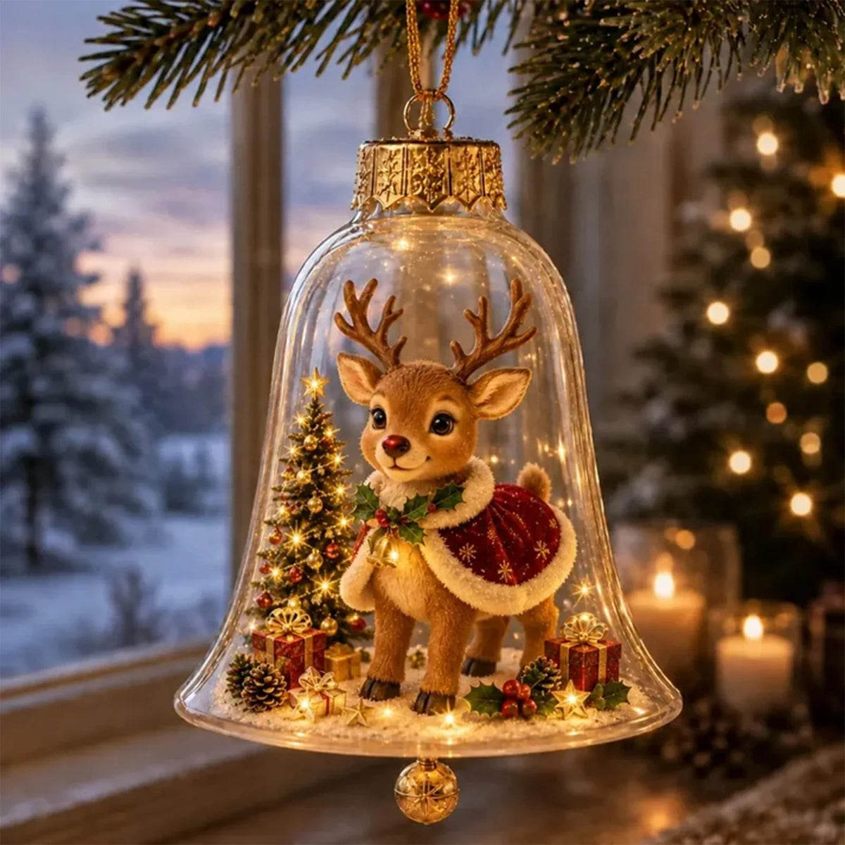 Acrylic Christmas Bell Ornament Decoration 3D Snow Globe Santa Snowman Ball Hanging Xmas Tree Pendant