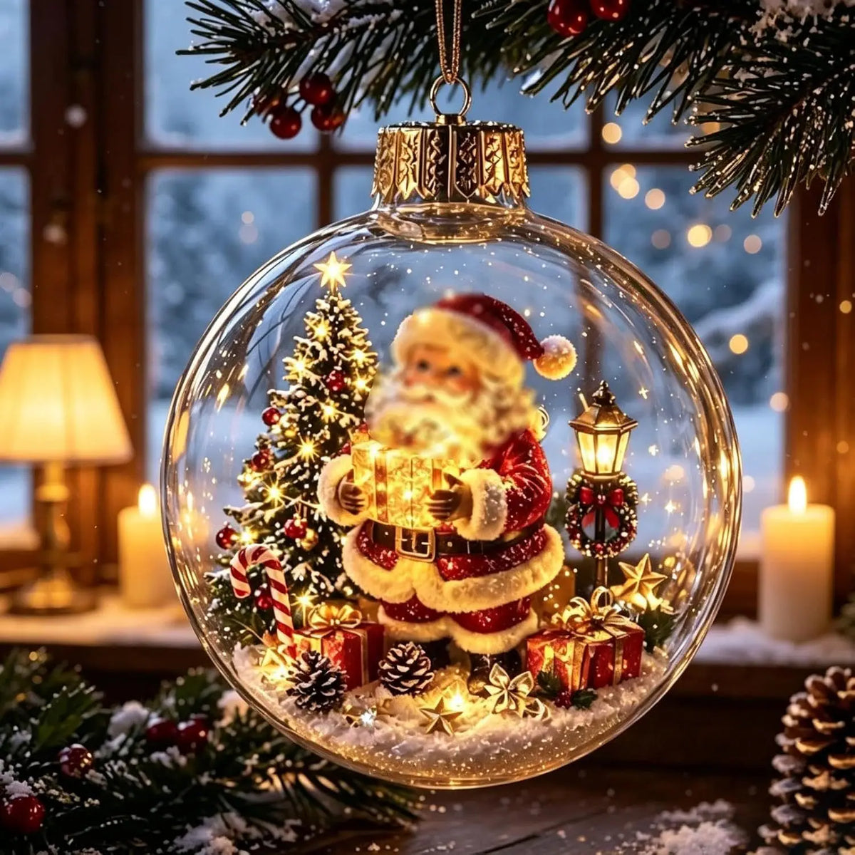 Acrylic Christmas Bell Ornament Decoration 3D Snow Globe Santa Snowman Ball Hanging Xmas Tree Pendant