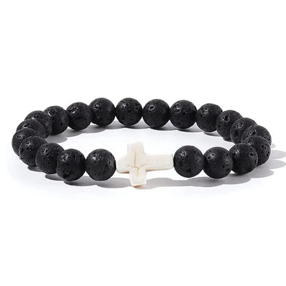 Prayer Natural Stone & Wood Bead Rosary Bracelet with Hematite Cross