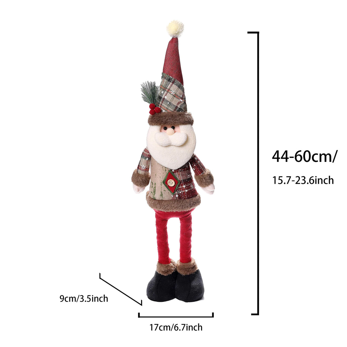 Retractable Christmas Gnome Doll, Vintage Snowflake Plaid Fabric Design