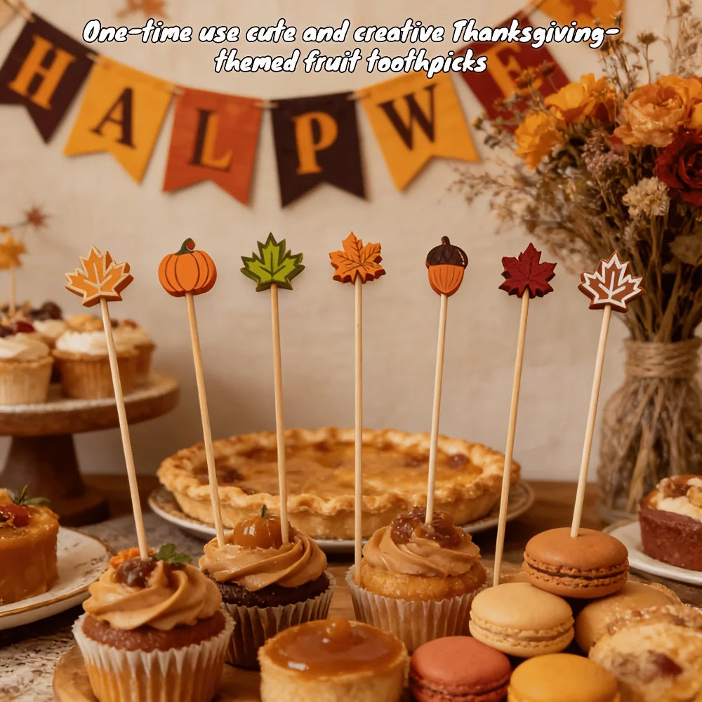 Halloween party fruit decorations, pumpkin, maple leaf, acorn shaped bamboo sticks