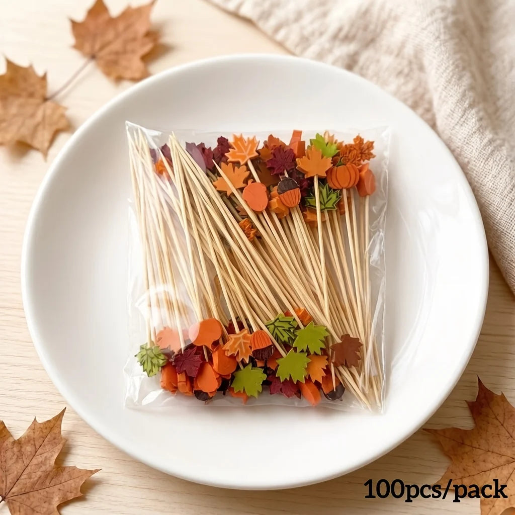 Halloween party fruit decorations, pumpkin, maple leaf, acorn shaped bamboo sticks