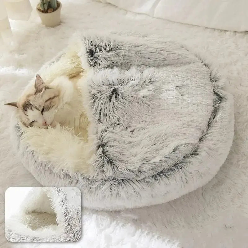 Plush Hooded Round Fluffy Soft  2 in 1 Sleeping Nest Cave for Small Dogs