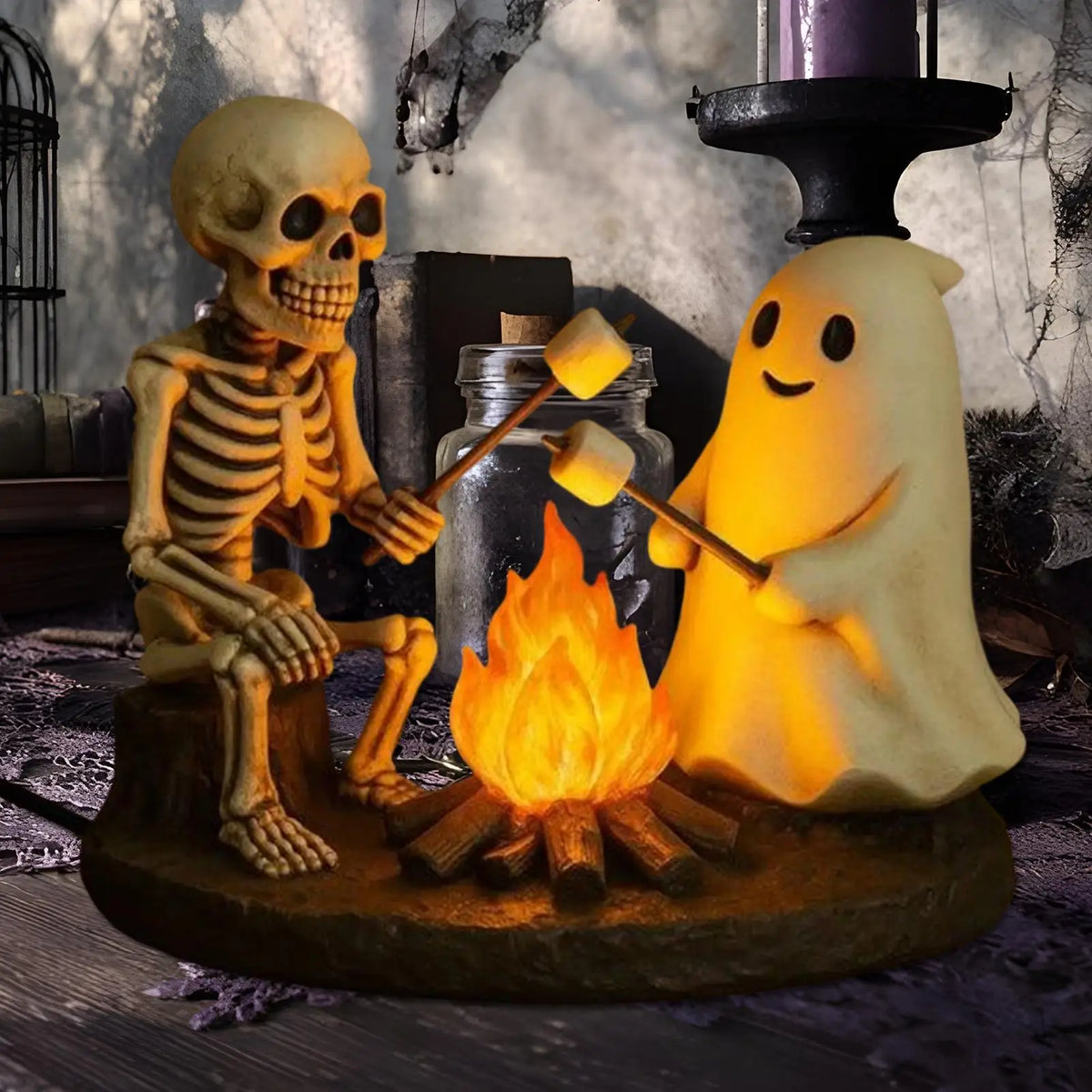 Halloween Skeleton & Ghost Bonfire Night Lamp, Flickering Campfire Nightlight