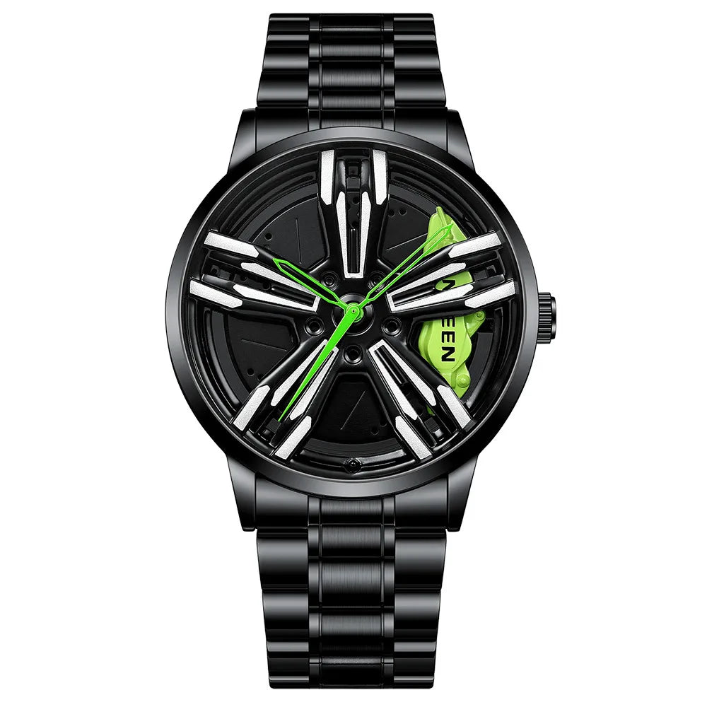 Custom Super Car Rim Design Stainless Steel Black Retro Waterproof Racing Watch for Men