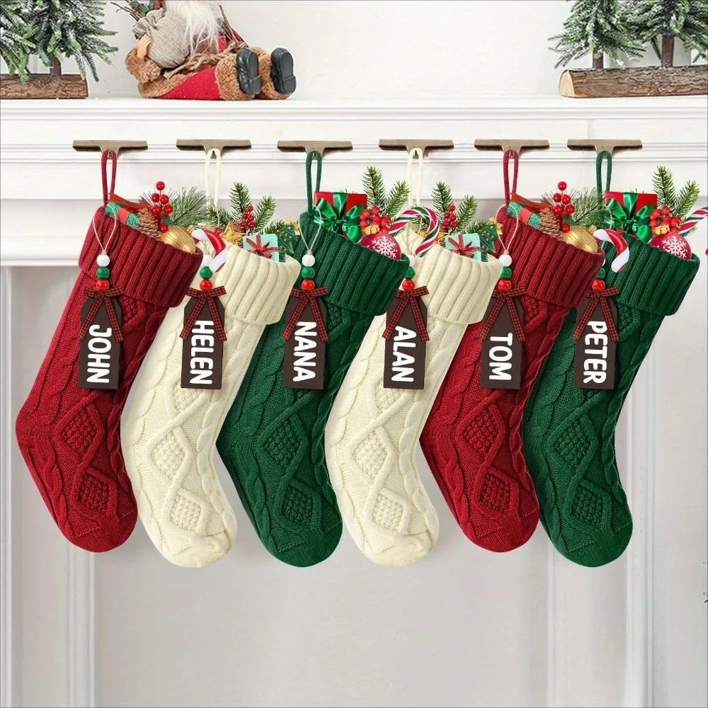 6 Pack Christmas Stockings, Personalized Cable Knit Christmas Stocking with Wooden Name Tag