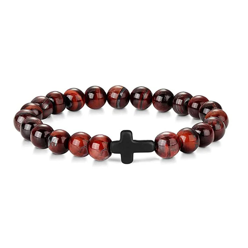 Prayer Natural Stone & Wood Bead Rosary Bracelet with Hematite Cross