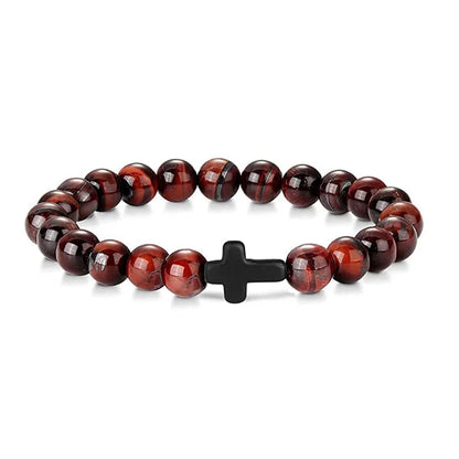 Prayer Natural Stone & Wood Bead Rosary Bracelet with Hematite Cross