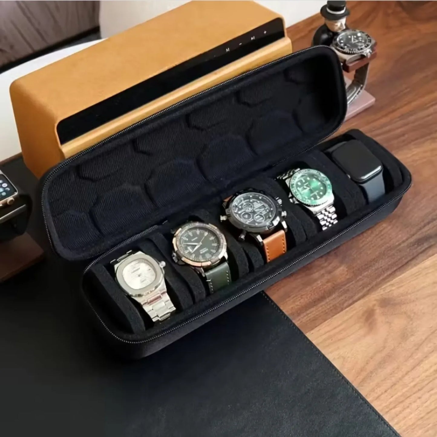 5-Slot Watch Case | Hard Shell Travel Organizer with Pillow Insert