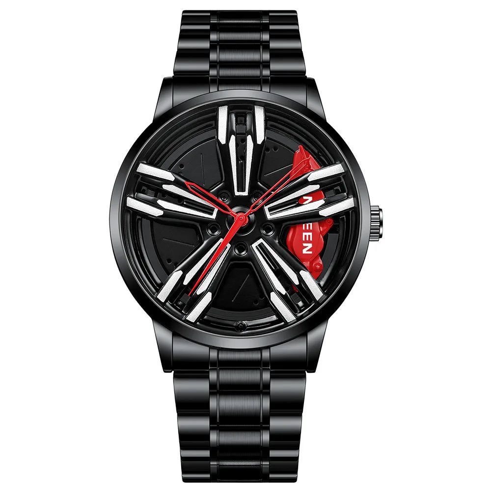 Custom Super Car Rim Design Stainless Steel Black Retro Waterproof Racing Watch for Men
