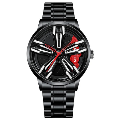 Custom Super Car Rim Design Stainless Steel Black Retro Waterproof Racing Watch for Men