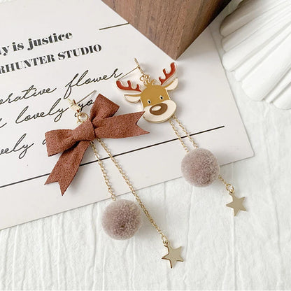 Merry Christmas Velvet Elk Bowknot Dangle Earrings For Women Red Hair Ball