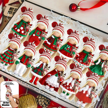12Pcs Classic Long-haired Christmas Doll Design High-quality 2D Flat Wooden Pendant Christmas Doll