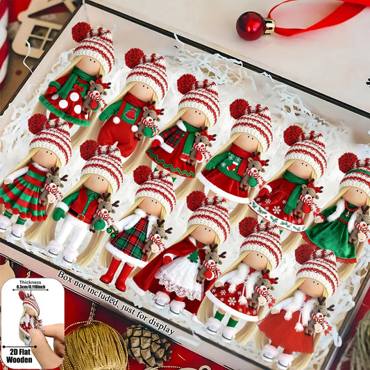 12Pcs Classic Long-haired Christmas Doll Design High-quality 2D Flat Wooden Pendant Christmas Doll