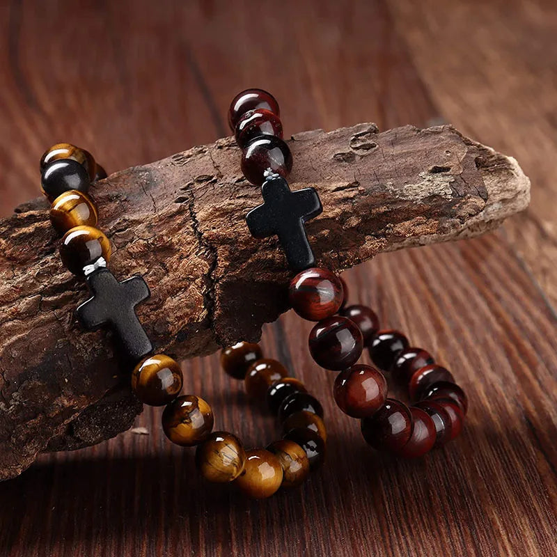 Prayer Natural Stone & Wood Bead Rosary Bracelet with Hematite Cross