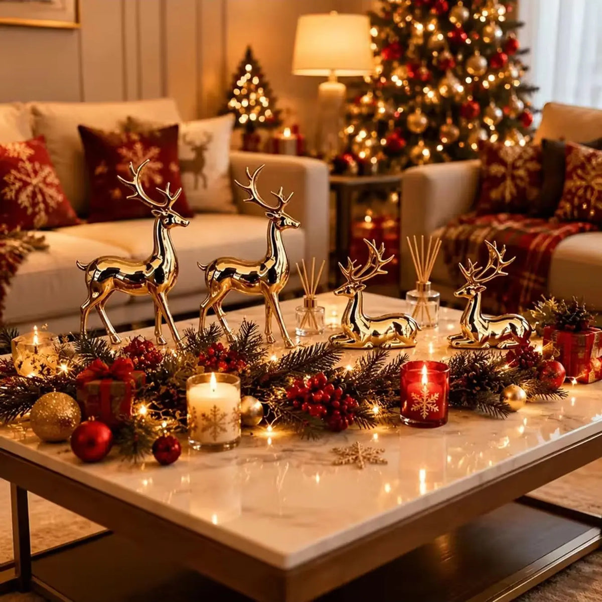 2-Piece Gold-Plated Reindeer Ornament Set, Standing and Lying desktop Ornaments