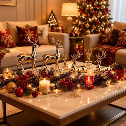 2-Piece Gold-Plated Reindeer Ornament Set, Standing and Lying desktop Ornaments