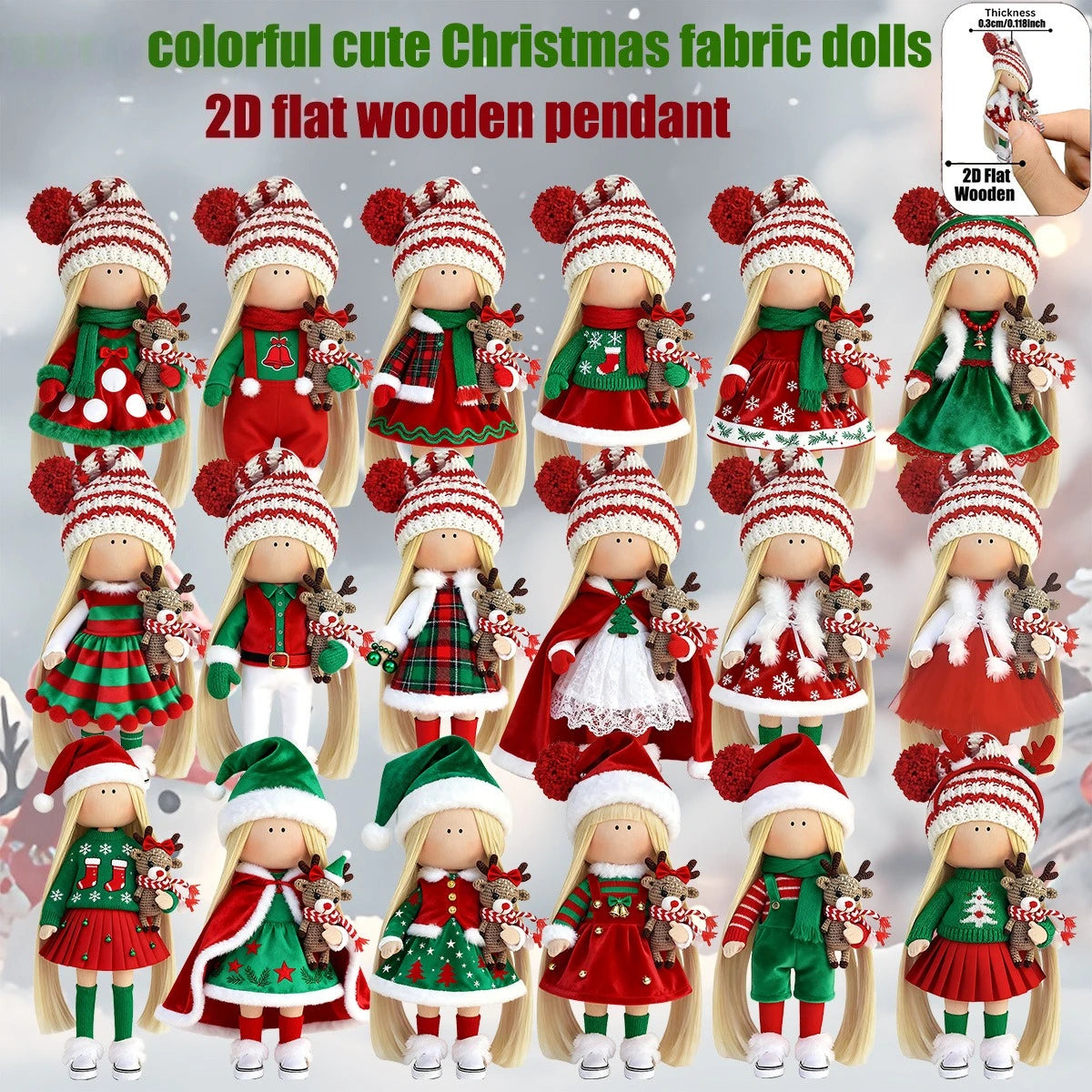 12Pcs Classic Long-haired Christmas Doll Design High-quality 2D Flat Wooden Pendant Christmas Doll