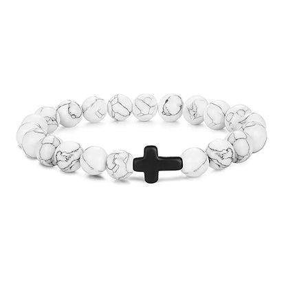 Prayer Natural Stone & Wood Bead Rosary Bracelet with Hematite Cross