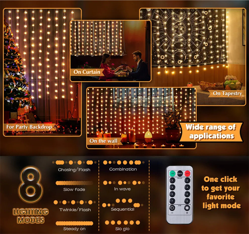 Christmas Lights LED Fairy String Curtain Lights 8 Mode Remote USB Festoon Christmas Decor