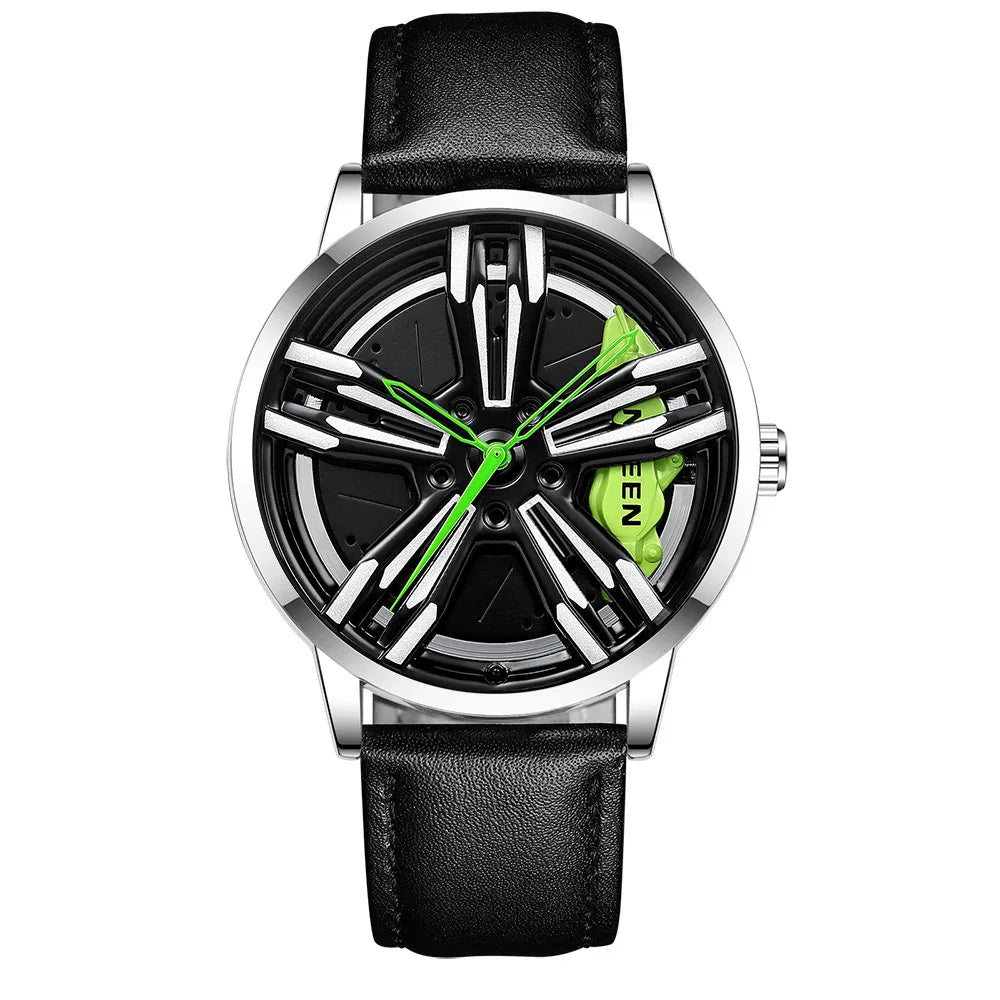 Custom Super Car Rim Design Stainless Steel Black Retro Waterproof Racing Watch for Men