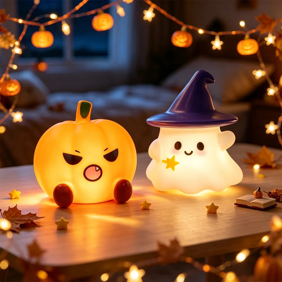 Halloween Cute Ghost Witch Hat Pumpkin Night Light Silicone LED Lamp