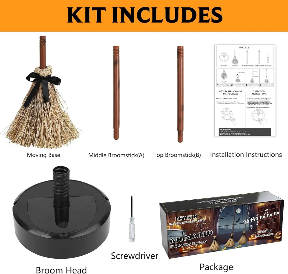 Halloween Floating Witch Broom with Witch Hat Haunted Dancing Moving Prop with Ghost