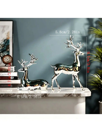 2-Piece Gold-Plated Reindeer Ornament Set, Standing and Lying desktop Ornaments
