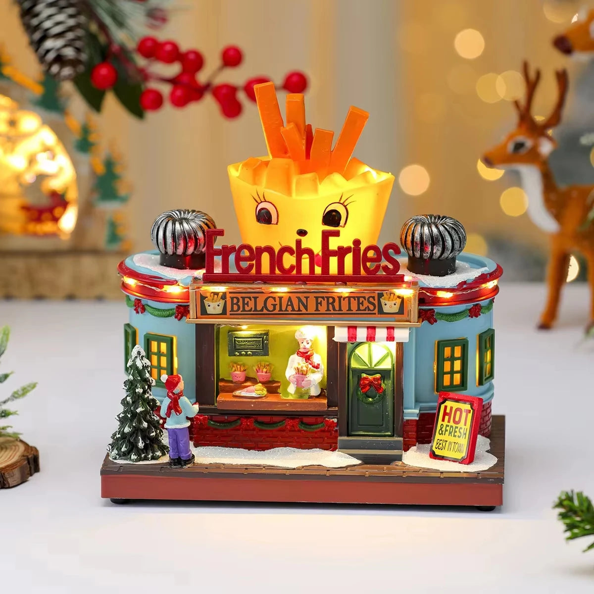 Christmas Rotate Lighted Music Box Resin Santa Ornament