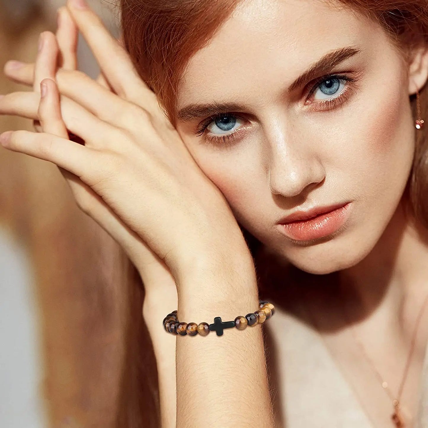 Prayer Natural Stone & Wood Bead Rosary Bracelet with Hematite Cross