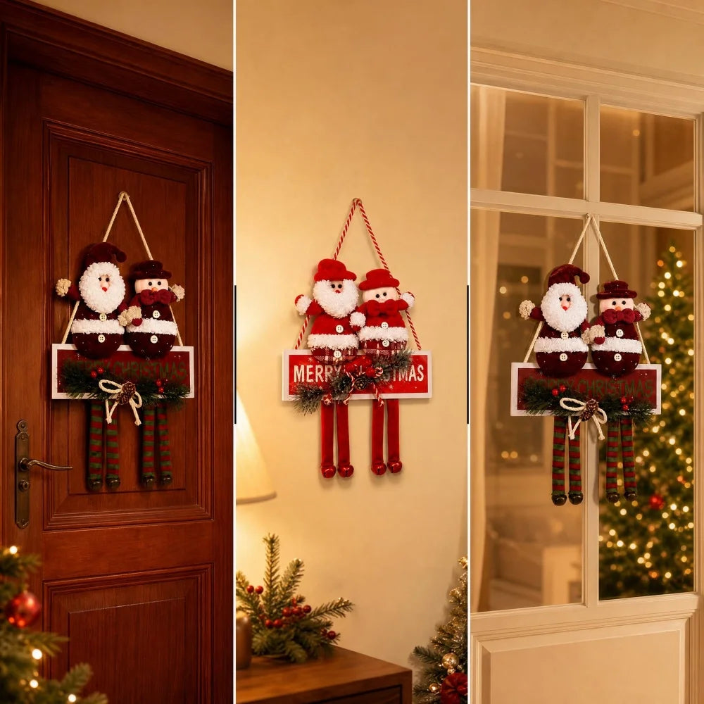 Two Red Fabric Christmas Snowman & Santa Ornaments With Hanging Strings, Featuring White Plush Trim