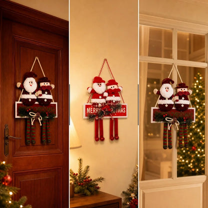Two Red Fabric Christmas Snowman & Santa Ornaments With Hanging Strings, Featuring White Plush Trim