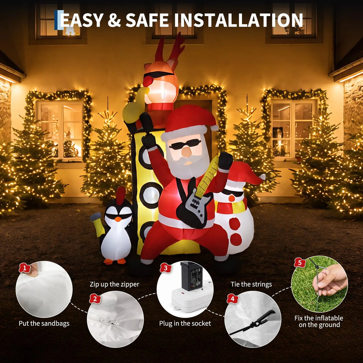 7 FT Christmas Inflatable Santa Band With Reindeer Penguin & Snowman