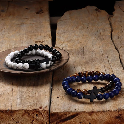 Prayer Natural Stone & Wood Bead Rosary Bracelet with Hematite Cross