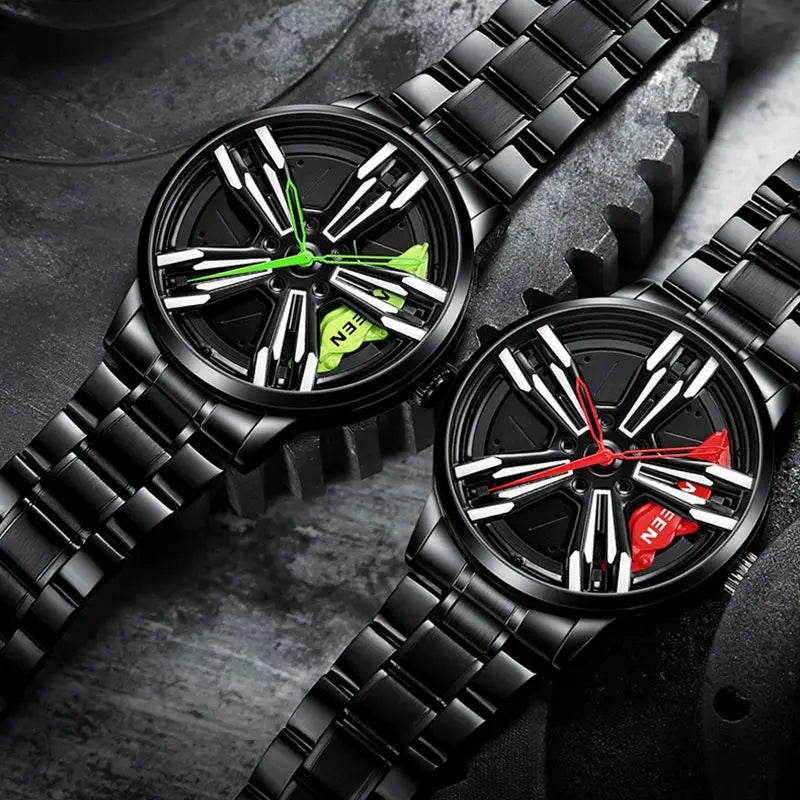 Custom Super Car Rim Design Stainless Steel Black Retro Waterproof Racing Watch for Men