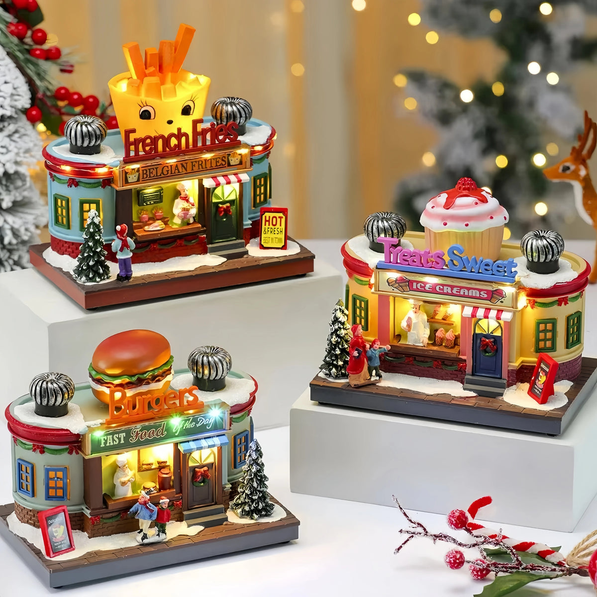 Christmas Rotate Lighted Music Box Resin Santa Ornament