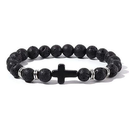 Prayer Natural Stone & Wood Bead Rosary Bracelet with Hematite Cross