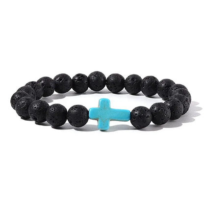 Prayer Natural Stone & Wood Bead Rosary Bracelet with Hematite Cross