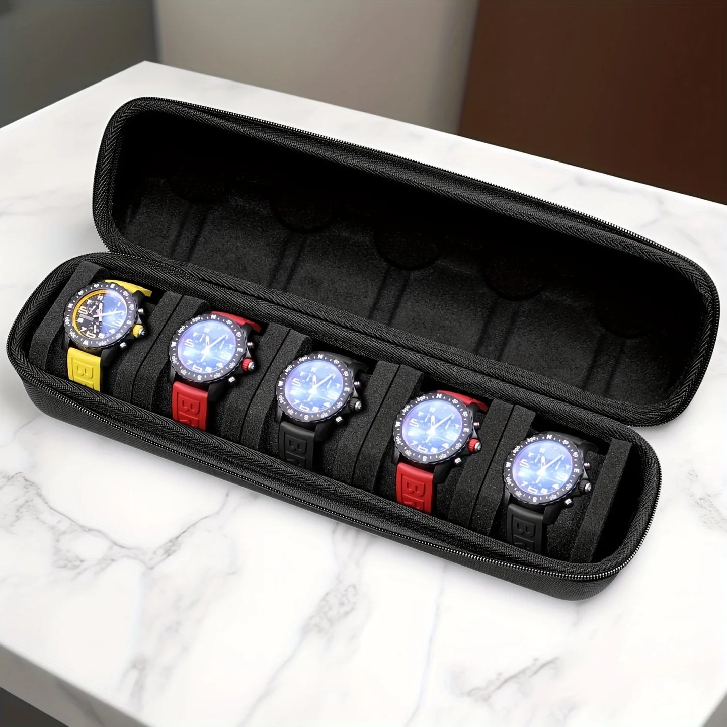 5-Slot Watch Case | Hard Shell Travel Organizer with Pillow Insert