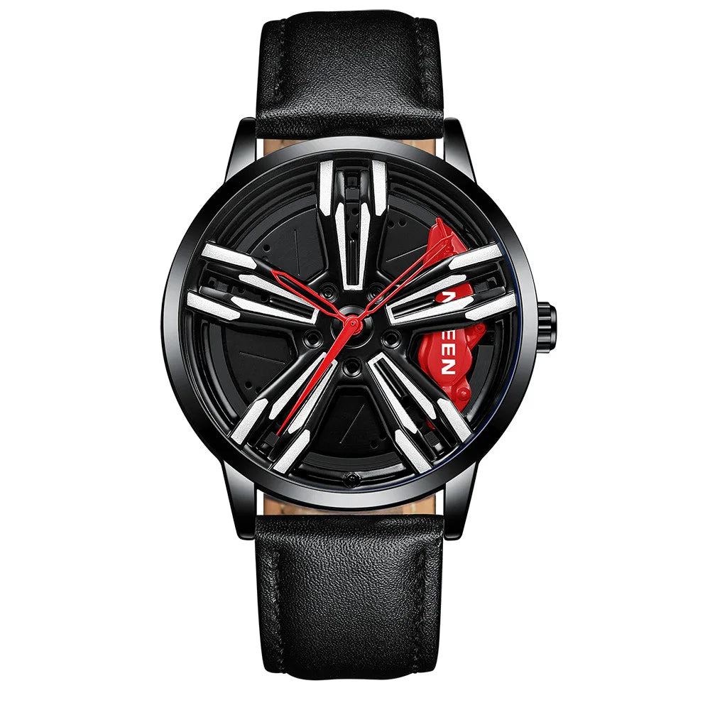 Custom Super Car Rim Design Stainless Steel Black Retro Waterproof Racing Watch for Men